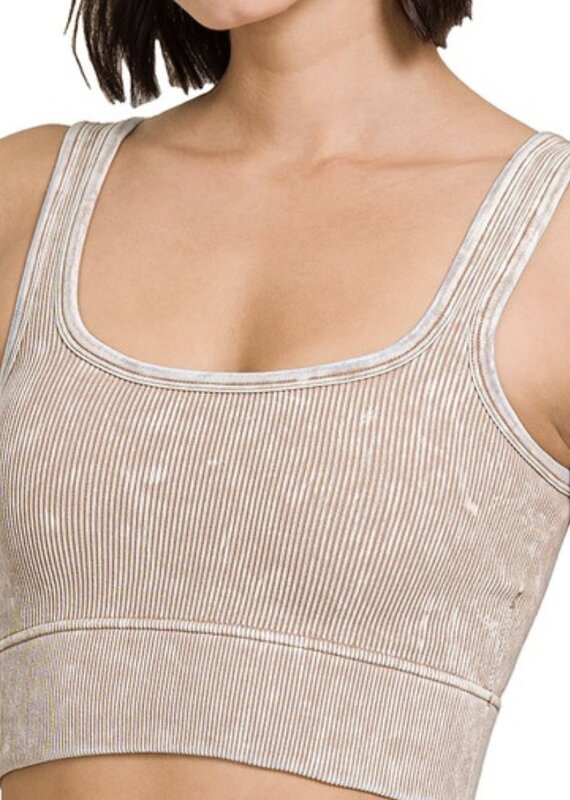 WASHED RIBBED SQUARE NECK CROP TANK W/BRA PADS