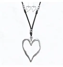 Lili Lu Metal Heart Charm With Leather Necklace Earring Set - Silver