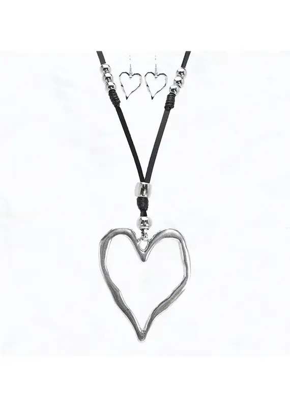 Lili Lu Metal Heart Charm With Leather Necklace Earring Set - Silver