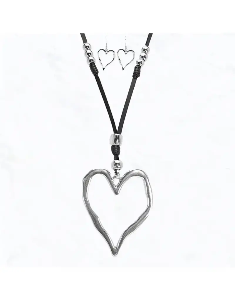 Lili Lu Metal Heart Charm With Leather Necklace Earring Set - Silver