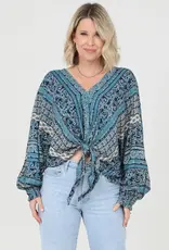 Lili Lu V Neck Tie Waist Long Sleeve Printed Top