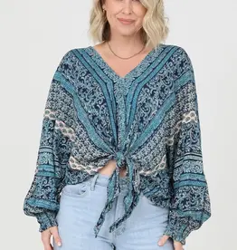 Lili Lu V Neck Tie Waist Long Sleeve Printed Top