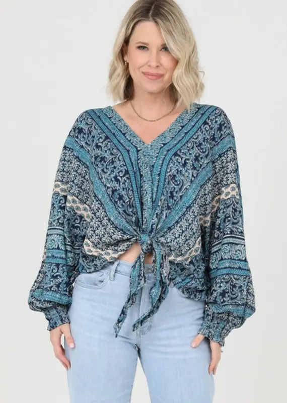 Lili Lu V Neck Tie Waist Long Sleeve Printed Top