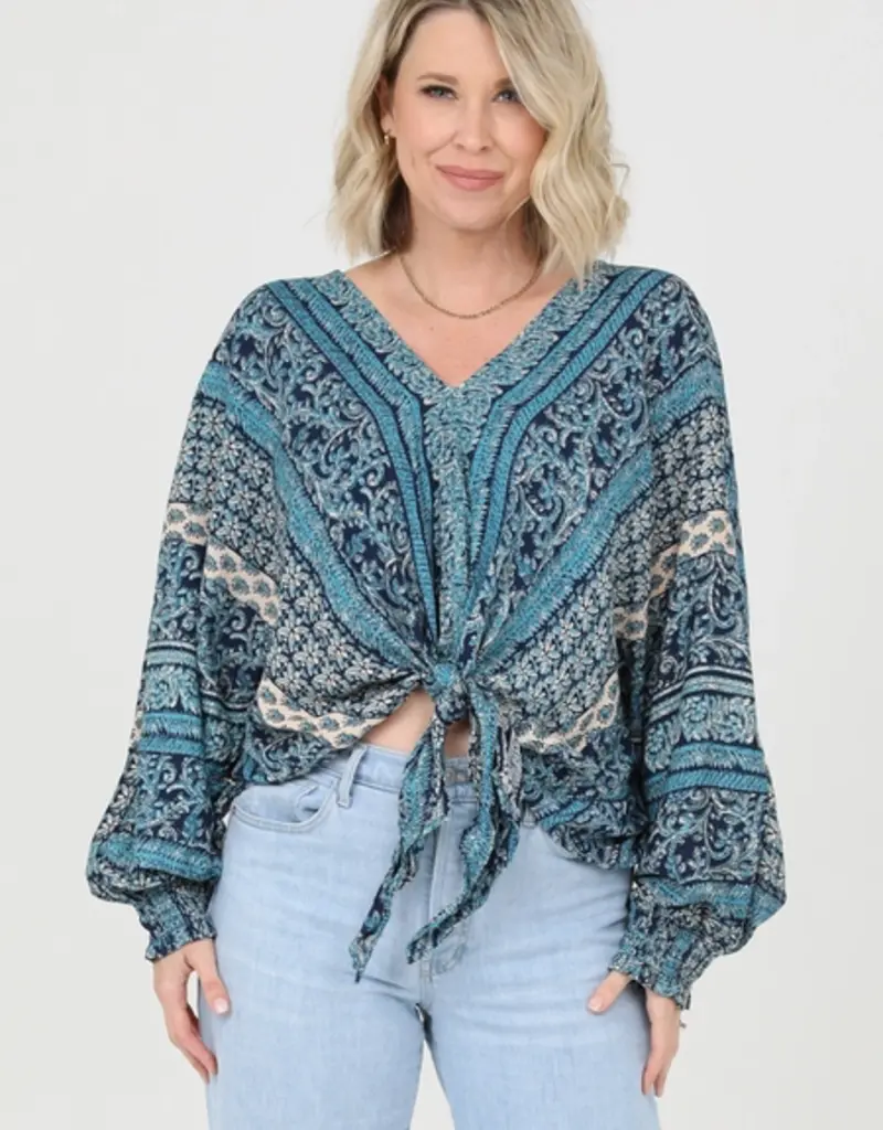 Lili Lu V Neck Tie Waist Long Sleeve Printed Top