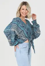 Lili Lu V Neck Tie Waist Long Sleeve Printed Top