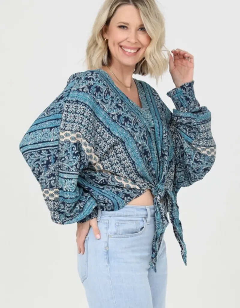 Lili Lu V Neck Tie Waist Long Sleeve Printed Top