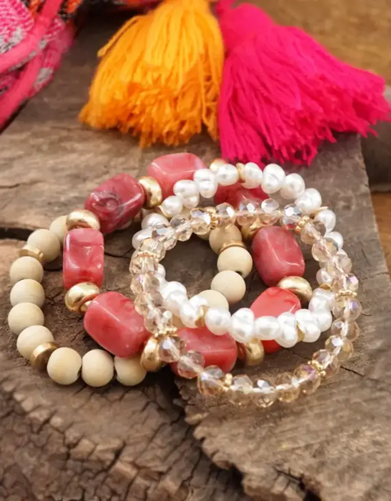 Lili Lu Bracelet Stack of 4 pieces red and neutrals acrylic pearls gold