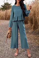 Lili Lu Linen Long Sleeve Button Back Top With Ruffle Hem Detail