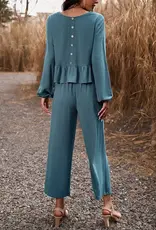 Lili Lu Linen Long Sleeve Button Back Top With Ruffle Hem Detail