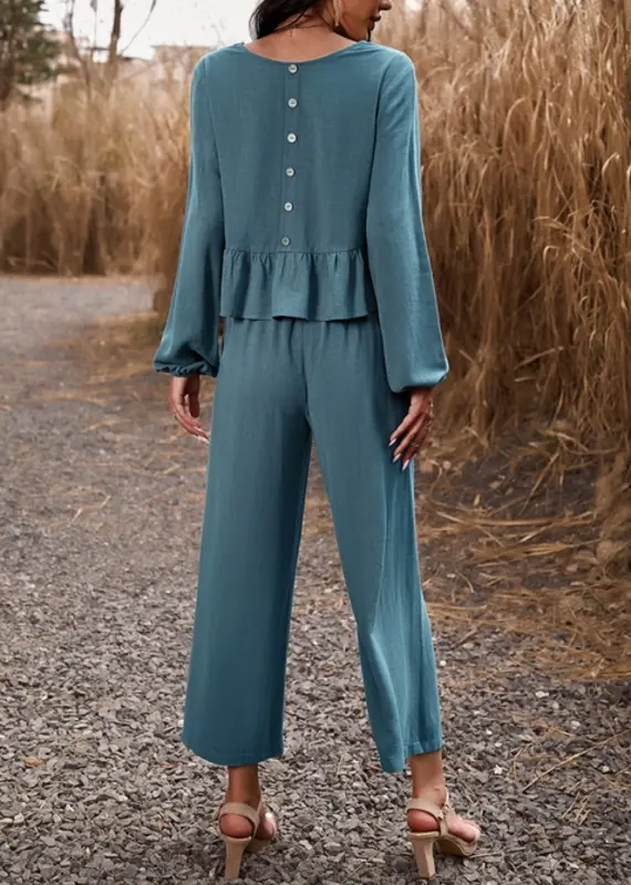 Lili Lu **FINAL SALE**Linen Long Sleeve Button Back Top With Ruffle Hem Detail