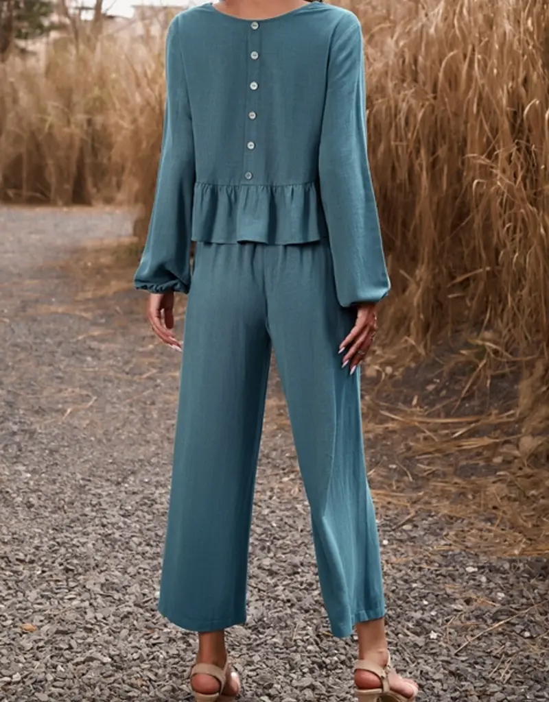 Lili Lu Linen Long Sleeve Button Back Top With Ruffle Hem Detail