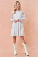 Doe & Rae Sheer Puff Long Sleeve Tiered Mini Dress