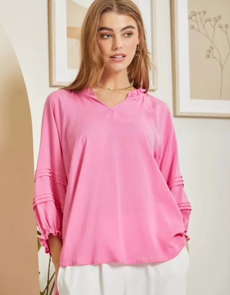Lili Lu Ruffle Neck Top With 3/4 Sleeves