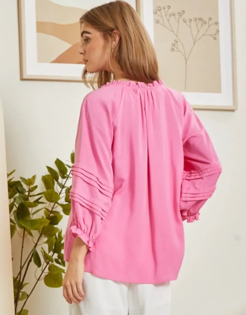 Lili Lu Ruffle Neck Top With 3/4 Sleeves