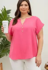 Lili Lu Pink - Plus Button Front Short Sleeve Woven Top