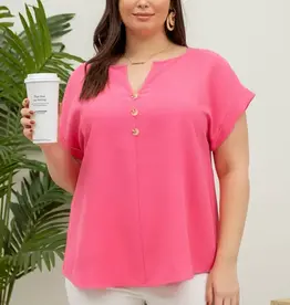 Lili Lu Pink - Curvy 1x - 3x  Button Front Short Sleeve Woven Top