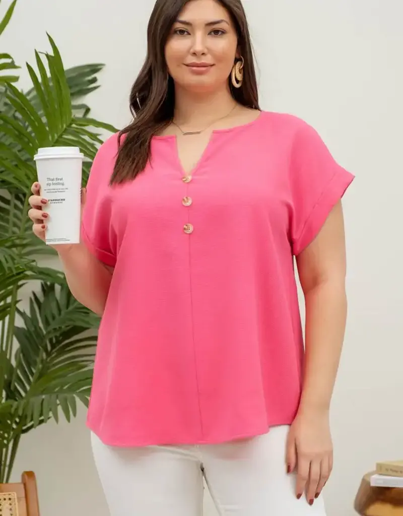 Lili Lu Pink - Plus Button Front Short Sleeve Woven Top