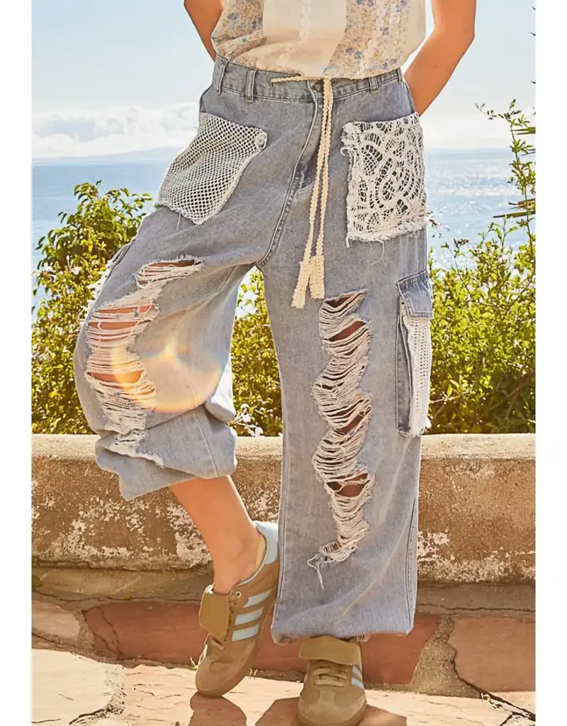Vintage Distressed Jogger Pant With Crochet Patch Detail