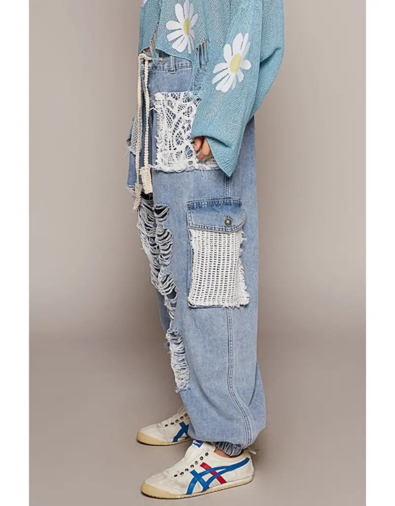 Vintage Distressed Jogger Pant With Crochet Patch Detail