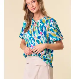 Abstract Print Split V-Neck Top