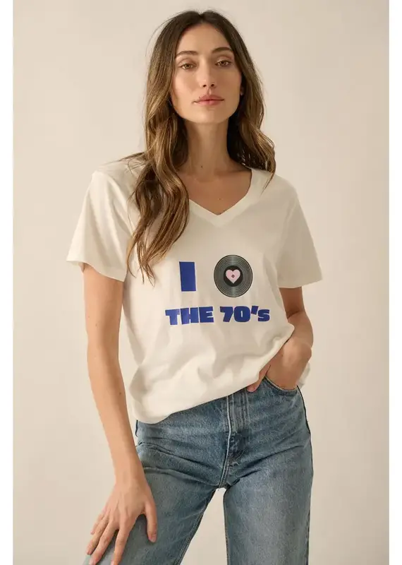 **FINAL SALE**I Love the 70s V-Neck Vintage-Wash Graphic Tee