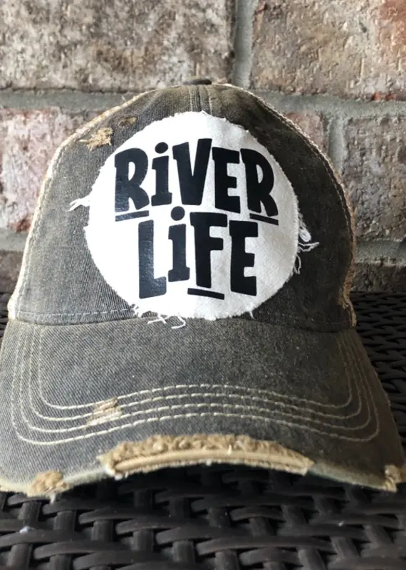 River Life Hat, River Cap, Swim Hat, Distressed Hat  Black