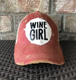 Wine Girl, Women’S Ball Cap, Distressed Hat, Weathered Hat  Brick Red