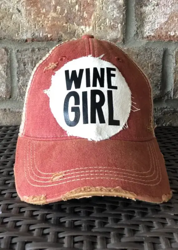 Wine Girl, Women’S Ball Cap, Distressed Hat, Weathered Hat  Brick Red
