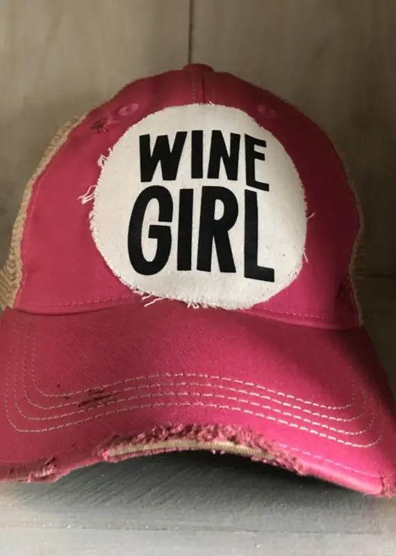 Wine Girl, Women’S Ball Cap, Distressed Hat, Weathered Hat  Pink