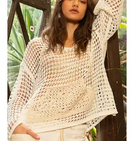 V-Neck Long Sleeve Crochet Front Pockets Hoodie Sweater