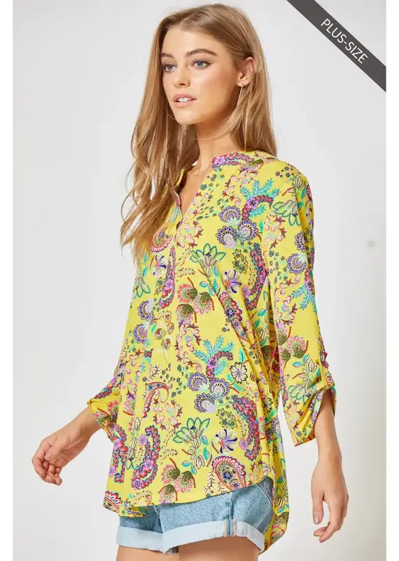 CURVY Lizzy 3/4 Paisley Floral Wrinkle Free Top