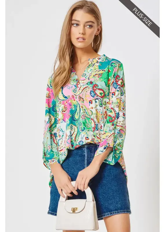 CURVY Lizzy 3/4 Paisley Floral Wrinkle Free Top
