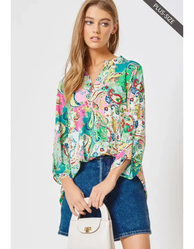 CURVY Lizzy 3/4 Paisley Floral Wrinkle Free Top