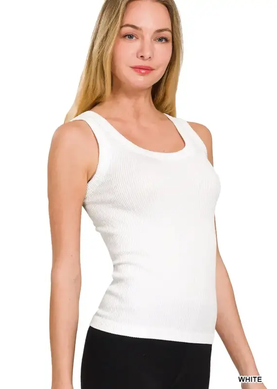 2 Way Neckline Washed Ribbed Tank Top - 3 colors - Black - Sand - White