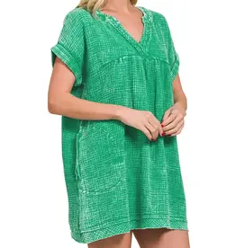 Washed Double Gauze Raw Edge V-Neck Dress