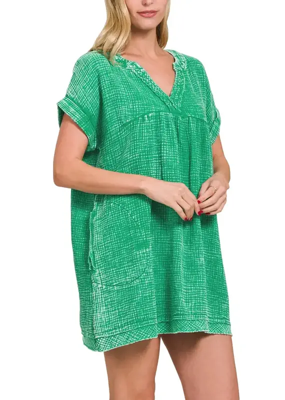 Washed Double Gauze Raw Edge V-Neck Dress