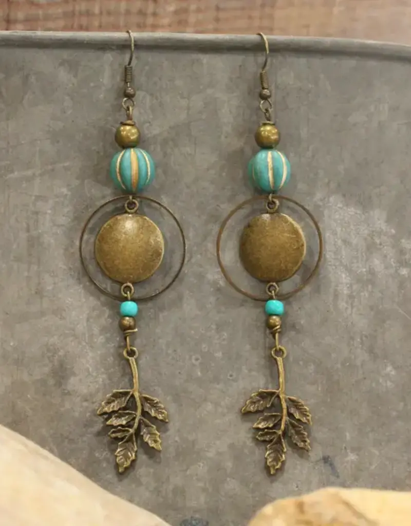 Verdigris Leaf & Czech Pumpkin Fall Earrings