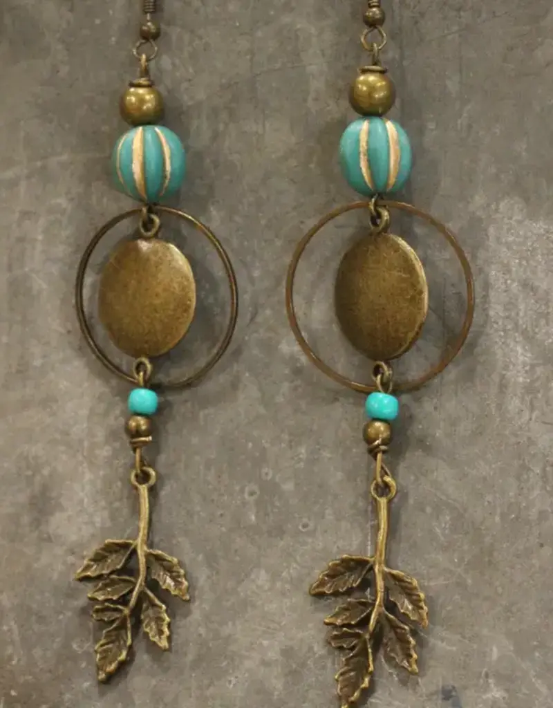 Verdigris Leaf & Czech Pumpkin Fall Earrings