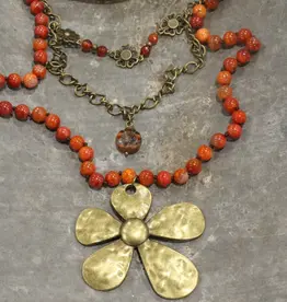 Orange Beaded Layered Flower Drop Layered Necklace