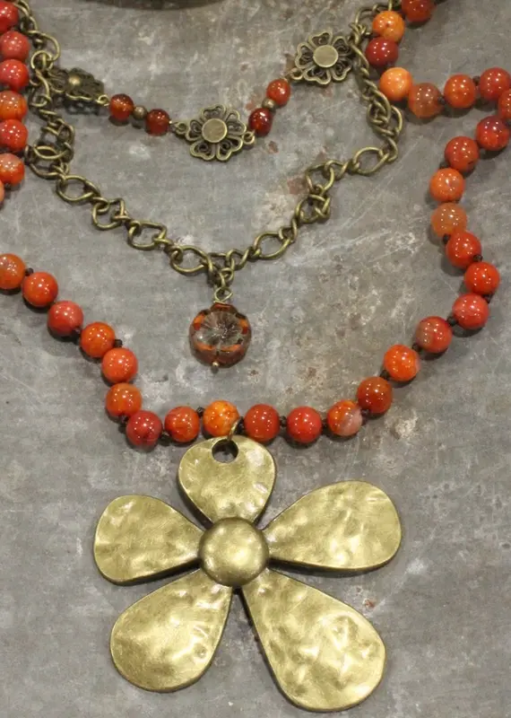 Orange Beaded Layered Flower Drop Layered Necklace