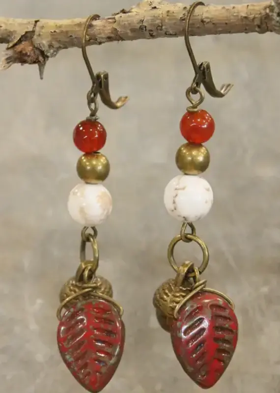 Fall Czech Leaf & Acorn Drop Earrings