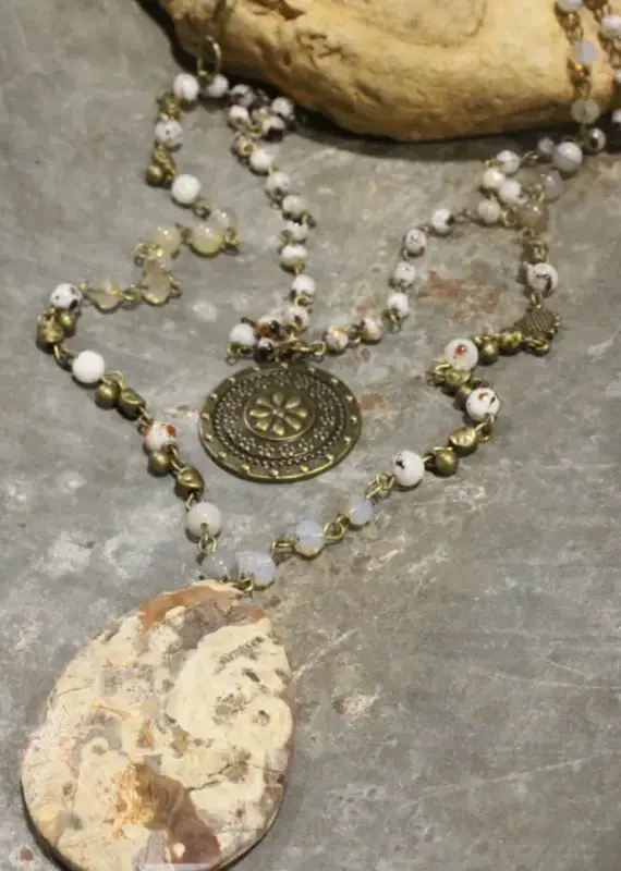 Stone & Crystal Link Chain with Stone Drop Pendant Necklace