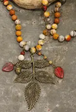 Rusty Beaded Fall Leaf Drop Necklace