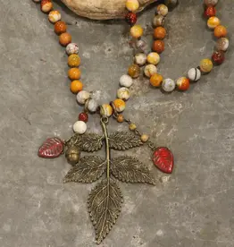 Rusty Beaded Fall Leaf Drop Necklace