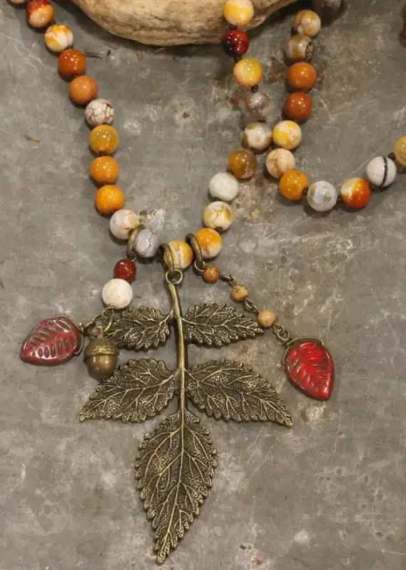 Rusty Beaded Fall Leaf Drop Necklace