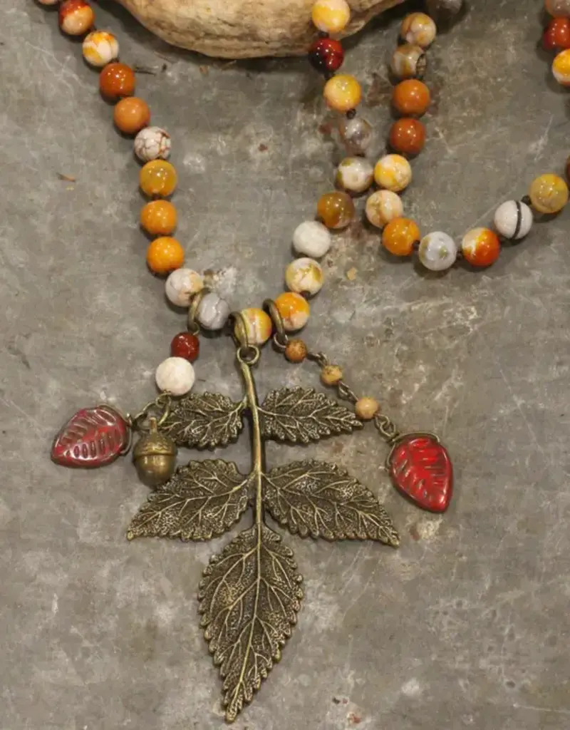 Rusty Beaded Fall Leaf Drop Necklace
