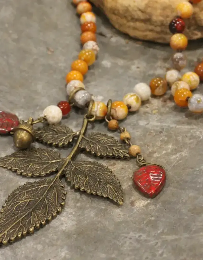 Rusty Beaded Fall Leaf Drop Necklace