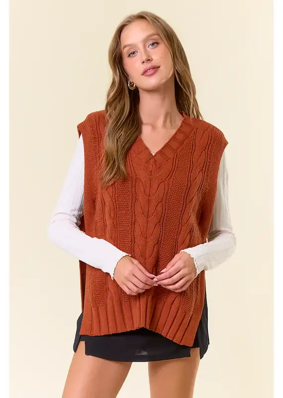 V-Neck Drop Shoulder Cable Sweater Vest