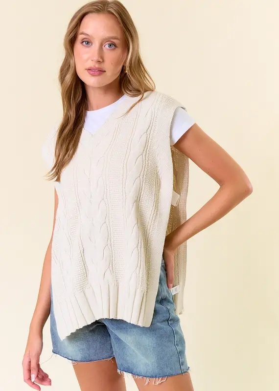 V-Neck Drop Shoulder Cable Sweater Vest