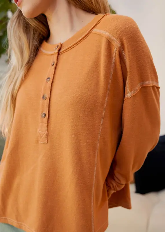 Henley Knit Top With Contrast Stitching